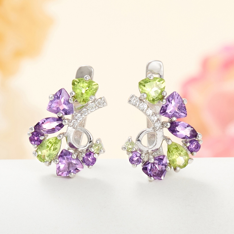 Серьги микс аметист хризолит огранка (серебро 925 пр.)