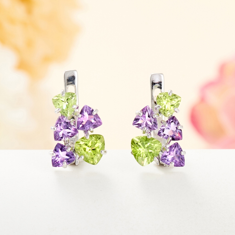 Серьги микс аметист хризолит огранка (серебро 925 пр.)
