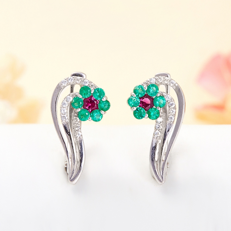 Серьги микс изумруд рубин огранка (серебро 925 пр.)