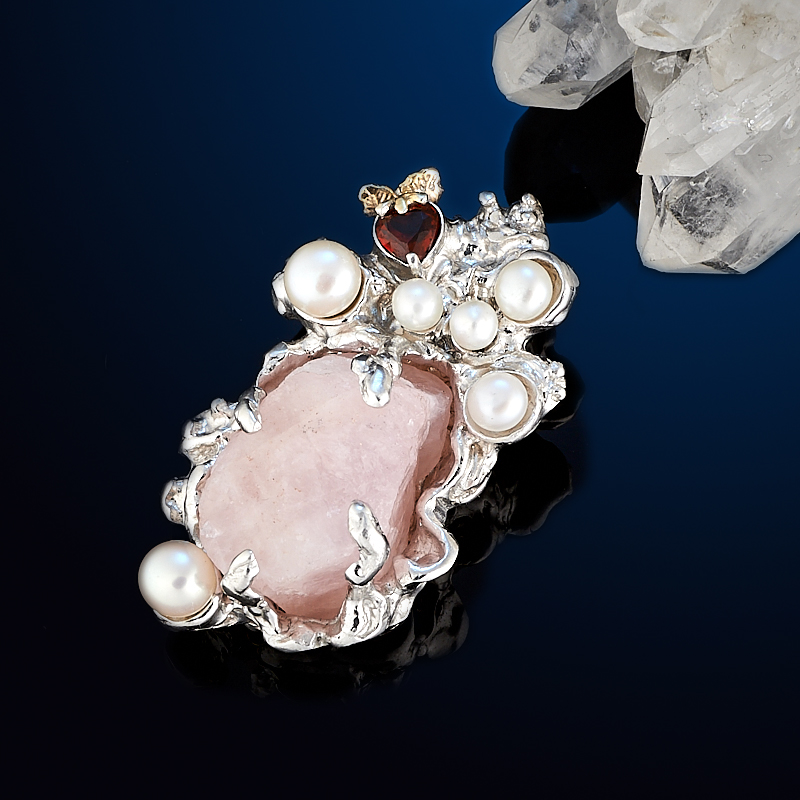 

Кулон гранат, жемчуг, розовый кварц (серебро 925 пр. позолота, родир. бел.)