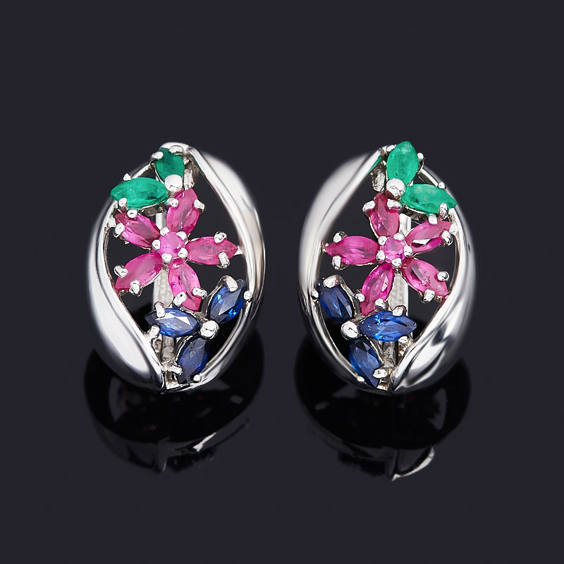 

Серьги микс изумруд, рубин, сапфир (серебро 925 пр. родир. бел.) огранка