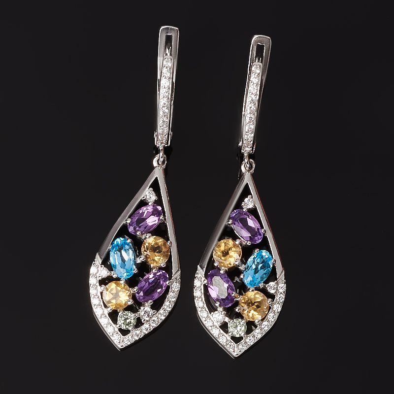 

Серьги микс аметист, топаз, хризолит (серебро 925 пр. родир. бел.) огранка