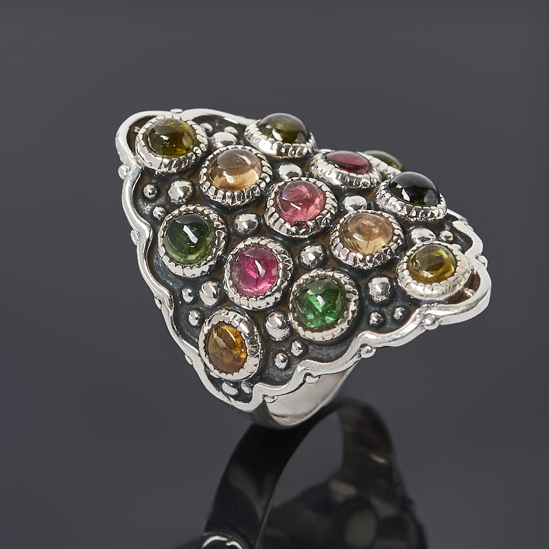 

Кольцо турмалин зеленый (верделит), желтый (дравит), розовый (рубеллит) (серебро 925 пр. оксидир.) размер 18