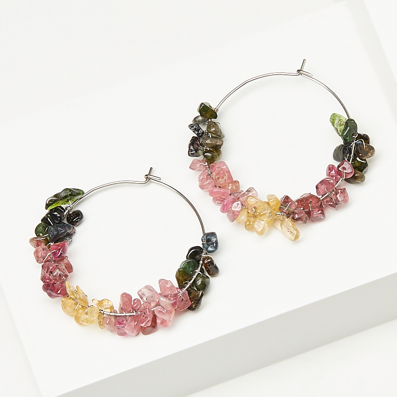 

Серьги турмалин зеленый (верделит), желтый (дравит), голубой (индиголит) (биж. сплав, сталь хир.)