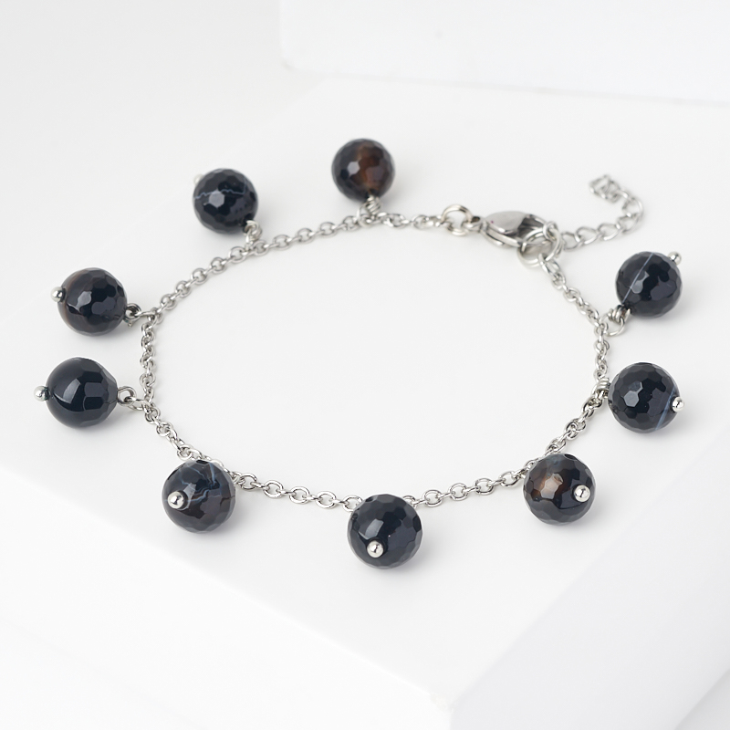 

Браслет агат черный (биж. сплав, сталь хир.) огранка 8 мм 17 см (+3 см)