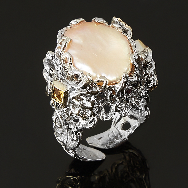 Кольцо жемчуг кеши розовый (серебро 925 пр. позолота, родир. бел.) (регулируемый) размер 18