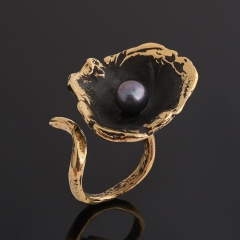 Кольцо жемчуг черный Гонконг (бронза) (регулируемый) размер 17,5