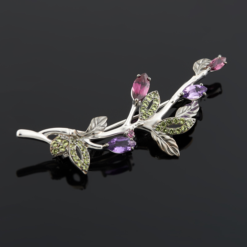 

Брошь микс аметист, гранат (серебро 925 пр. родир. бел., родир. черн.) огранка