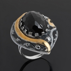 Кольцо агат черный Бразилия (серебро 925 пр. позолота, родир. черн.) огранка размер 18
