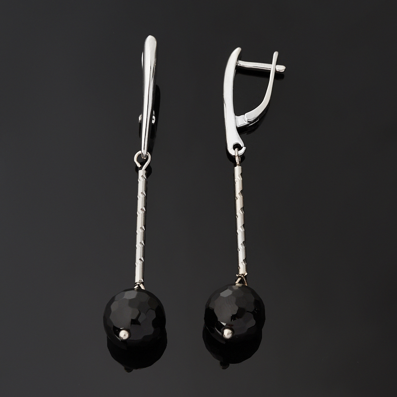 Серьги агат черный Бразилия (биж. сплав родир. бел.) огранка