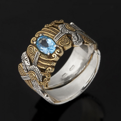Кольцо топаз голубой Бразилия (серебро 925 пр. оксидир., позолота) огранка (регулируемый) размер 17
