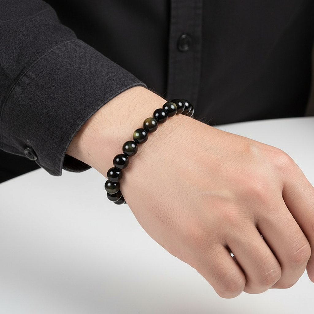 Браслет обсидиан радужный Мексика 10 мм 17 см