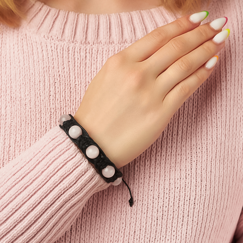 Браслет розовый кварц Мадагаскар (текстиль) шамбала 10 мм 17 см (регулируемый)