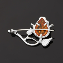 Брошь янтарь Россия (латунь посеребр.)