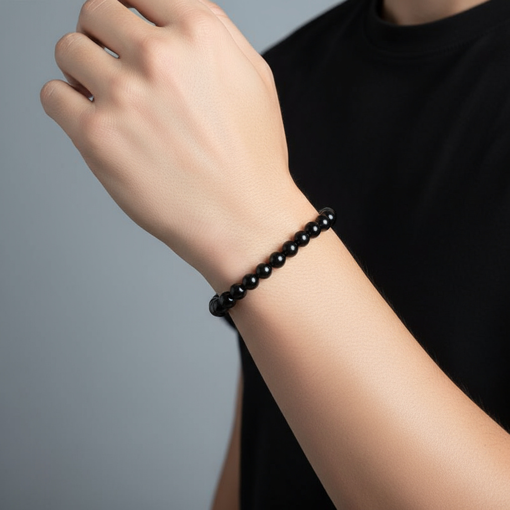 Браслет турмалин черный (шерл) Бразилия (биж. сплав, сталь хир.) 8 мм 16 см (+3 см)