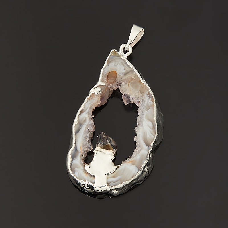 Кулон агат серый Ботсвана (биж. сплав) срез с кристаллом горного хрусталя 5 см