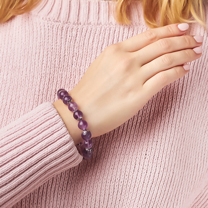 Браслет аметист Бразилия 10 мм 17 см (сталь хир.)