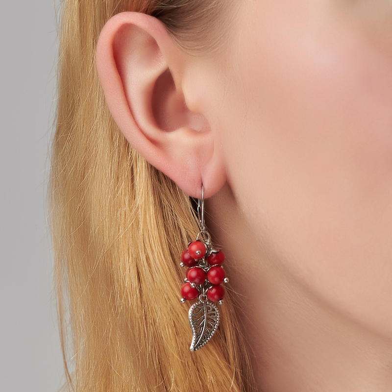 Серьги коралл красный Индонезия (биж. сплав, сталь хир.)