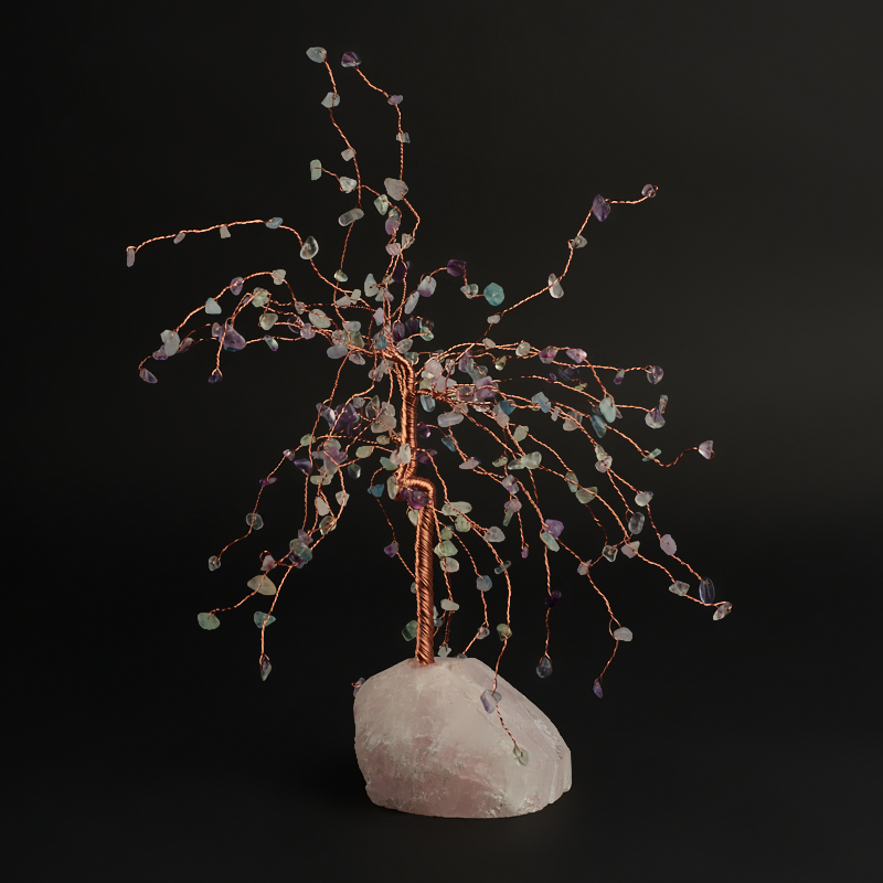 Дерево счастья микс розовый кварц, флюорит (медь) 16-18 см
