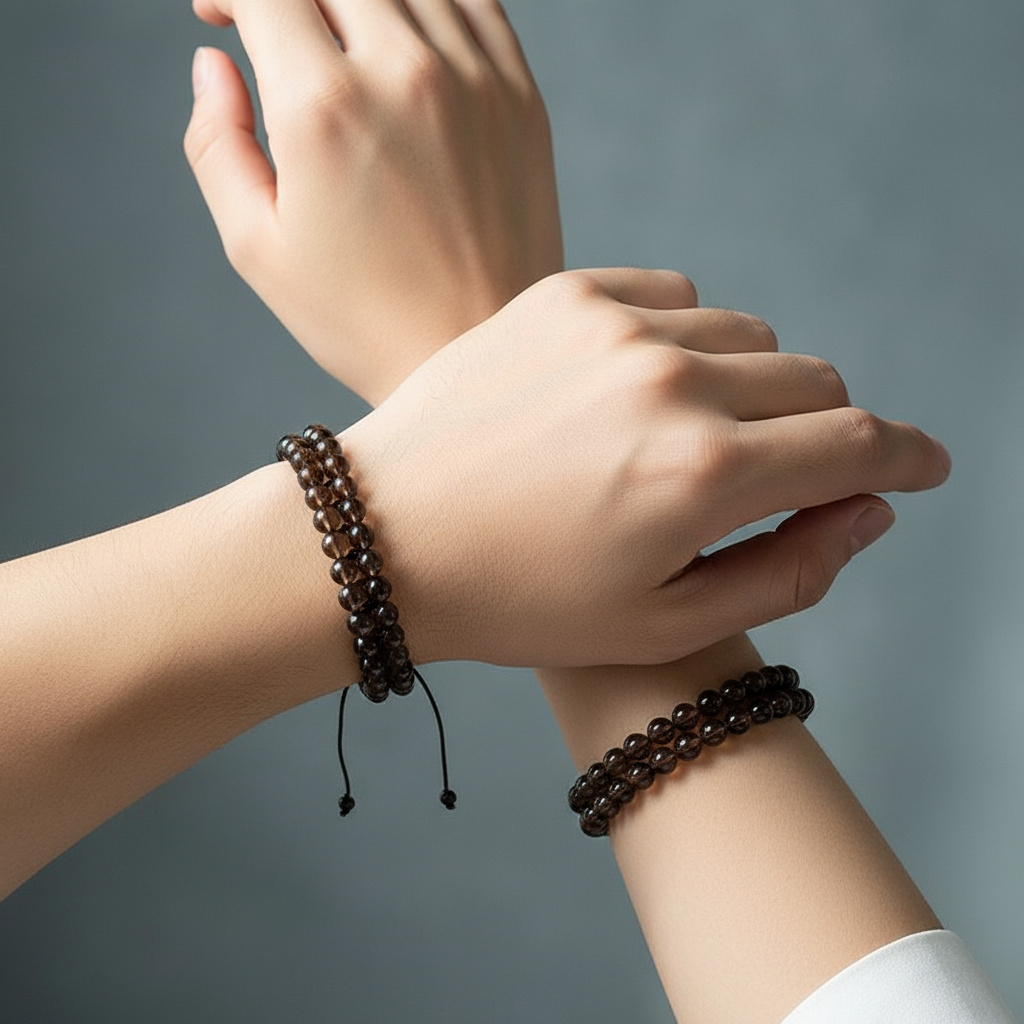 Браслет раухтопаз Бразилия (текстиль) шамбала 6 мм 17 см (регулируемый)