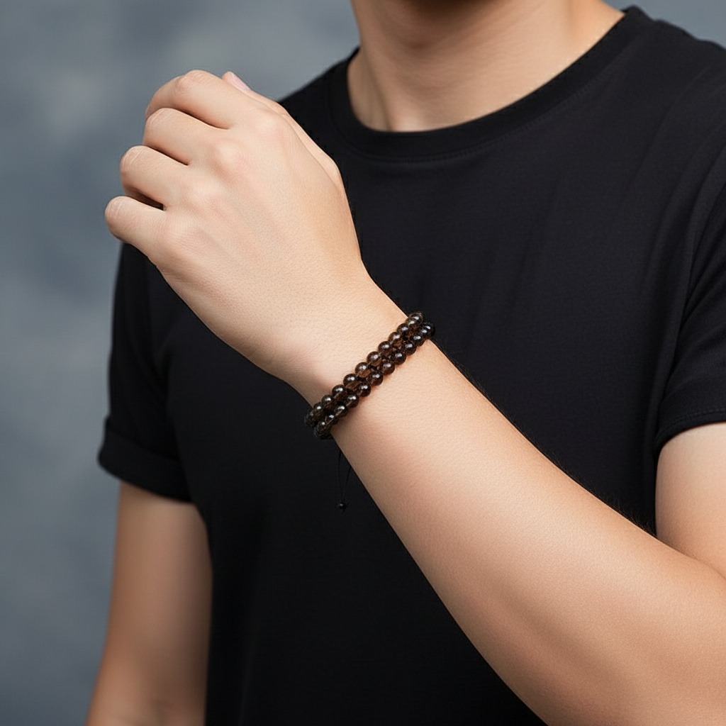 Браслет раухтопаз Бразилия (текстиль) шамбала 6 мм 17 см (регулируемый)