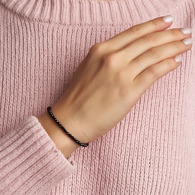 Браслет турмалин черный (шерл) Бразилия (сталь хир.) огранка 3&nbsp;мм 17&nbsp;см (+3&nbsp;см)