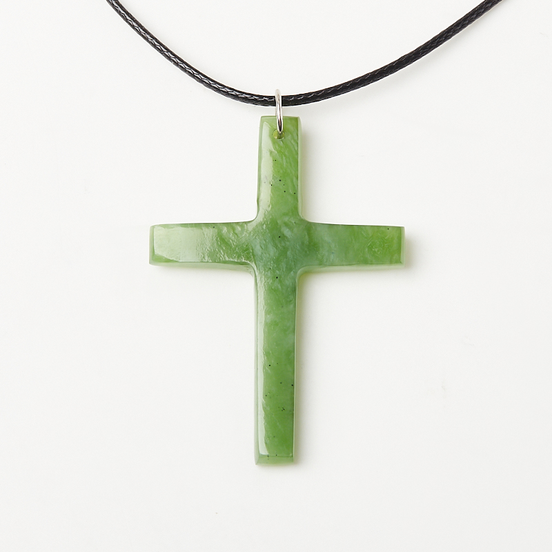 Кулон нефрит зеленый Россия (биж. сплав, текстиль) крест 4-4,5 см