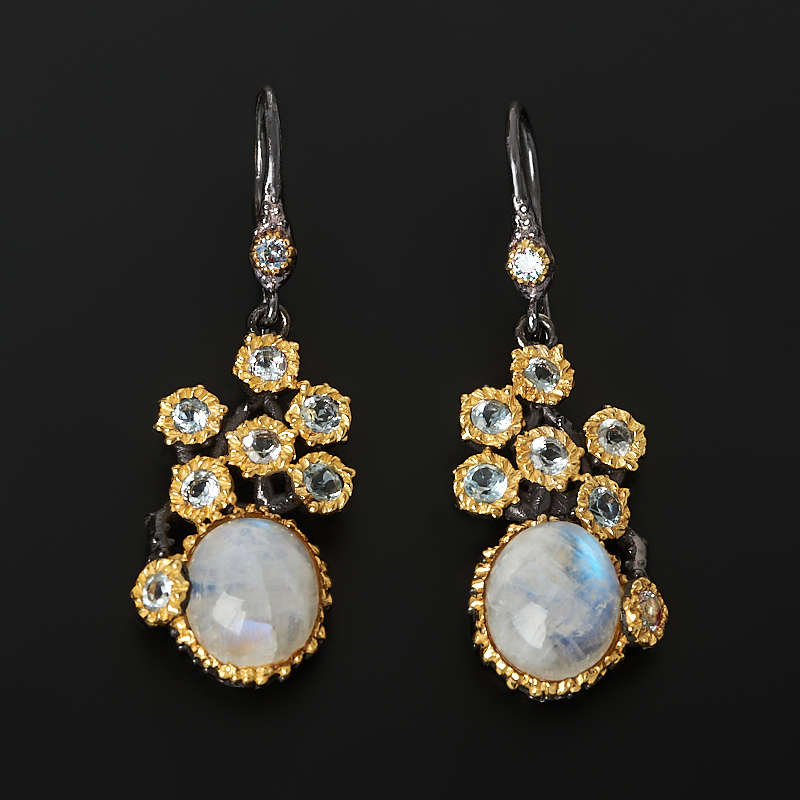 Серьги лунный камень (адуляр) Индия (латунь позолота, родир. черн.)