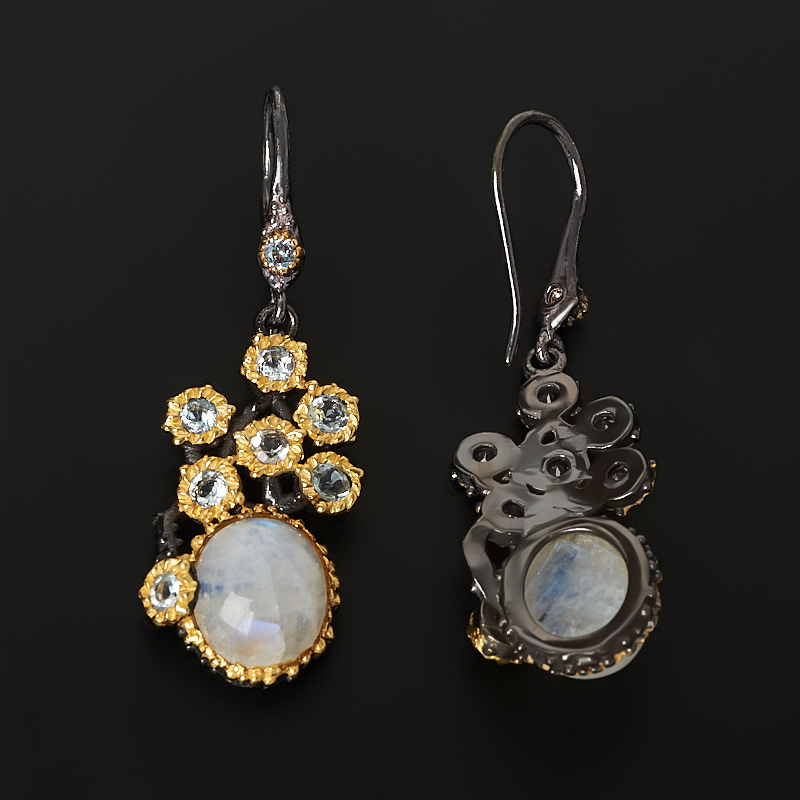 Серьги лунный камень (адуляр) Индия (латунь позолота, родир. черн.)