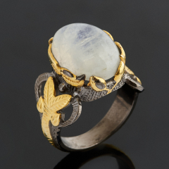 Кольцо лунный камень (адуляр) Индия (латунь позолота, родир. черн.) размер 17,5