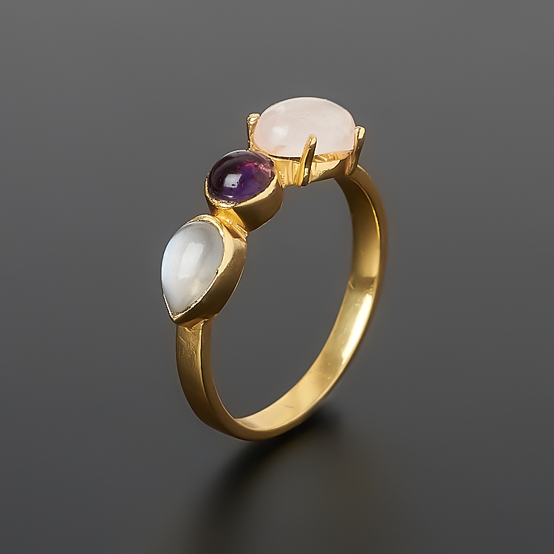 Кольцо микс аметист, лунный камень, розовый кварц (латунь позолота) размер 16,5