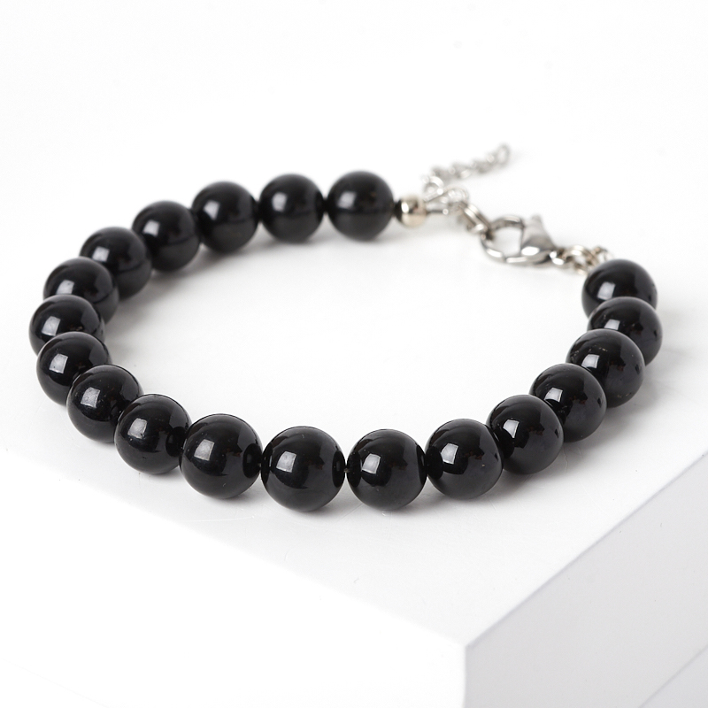 Браслет турмалин черный (шерл) Бразилия (сталь хир.) 8 мм 16 см (+3 см)