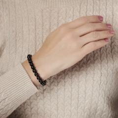 Браслет турмалин черный (шерл) Бразилия (сталь хир.) 8 мм 16 см (+3 см)