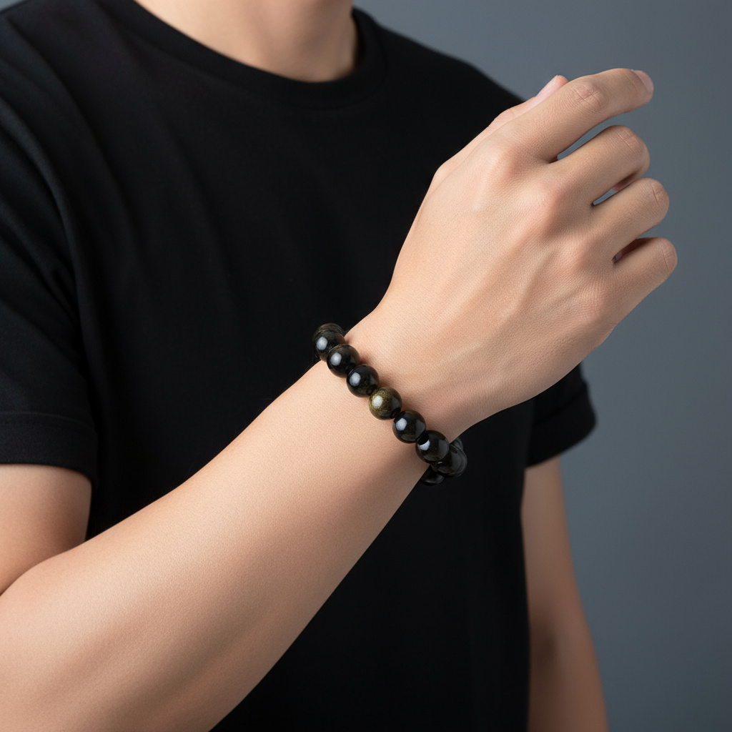 Браслет обсидиан золотистый Мексика 10 мм 20 см