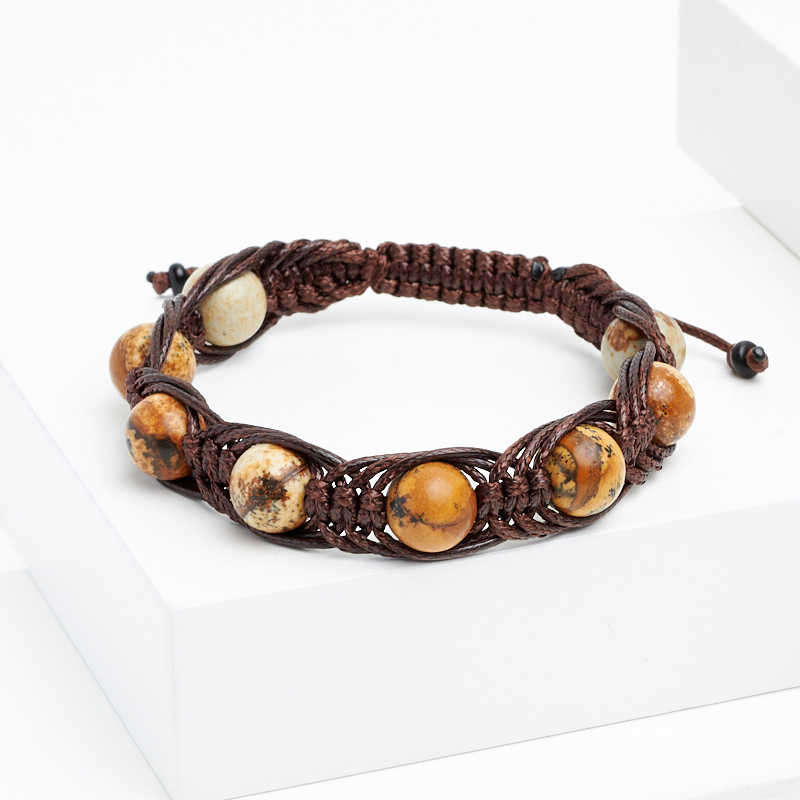 Браслет яшма рисунчатая (песочная) Намибия (текстиль) шамбала 10 мм 16 см (регулируемый)