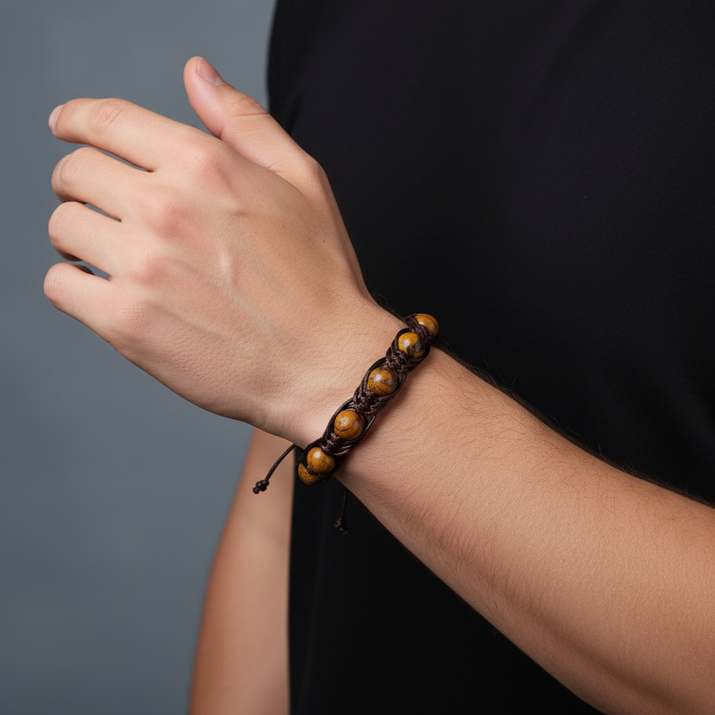 Браслет яшма рисунчатая (песочная) Намибия (текстиль) шамбала 10 мм 16 см (регулируемый)