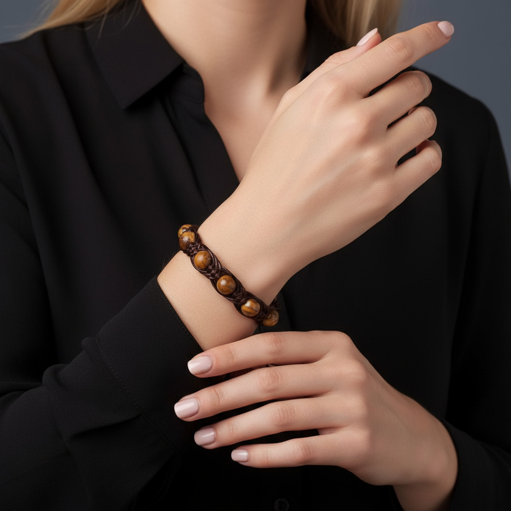 Браслет яшма рисунчатая (песочная) Намибия (текстиль) шамбала 10 мм 17 см (регулируемый)