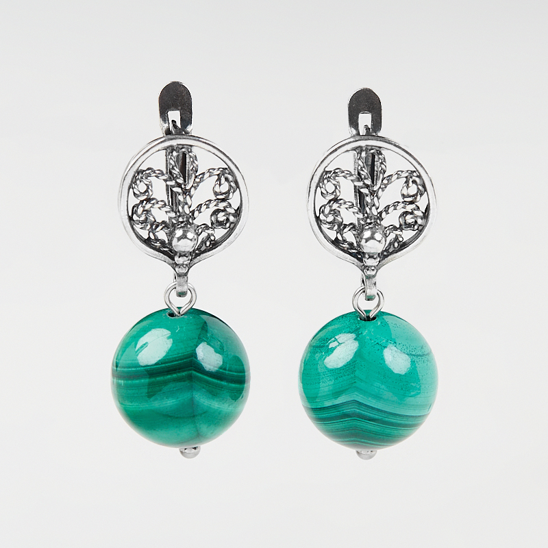 Серьги малахит Конго (латунь посеребр., сталь хир.)