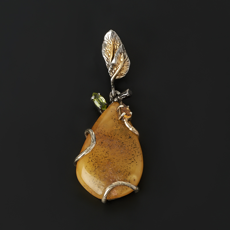 Кулон янтарь Россия (серебро 925 пр. родир. бел., родир. черн.) капля