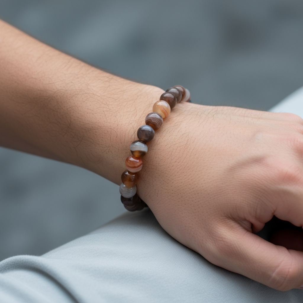 Браслет агат серый Бразилия 8 мм 17 см (+3 см) (сталь хир.)