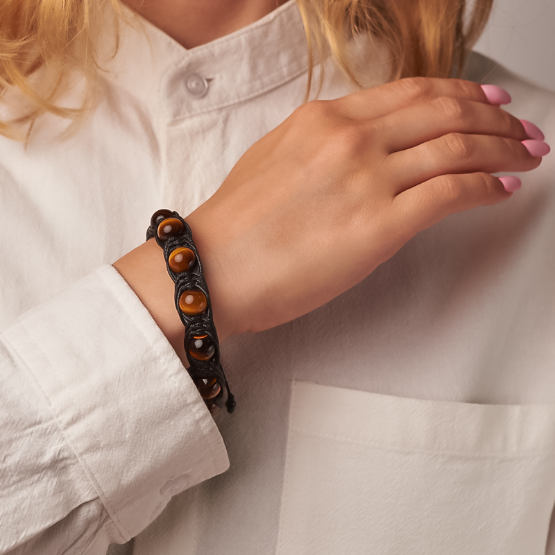 Браслет тигровый глаз ЮАР (текстиль) шамбала 10 мм 20 см (регулируемый)