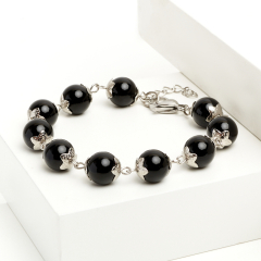 Браслет агат черный Бразилия 10 мм 16 см (+3 см) (сталь хир.)