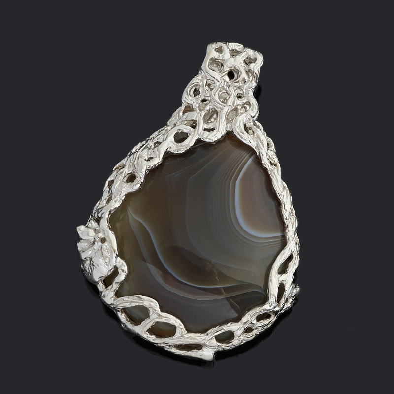 Кулон агат серый Мексика (серебро 925 пр. позолота, родир. бел.)