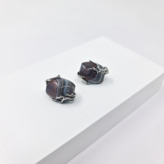 Серьги агат серый Ботсвана (нейзильбер платинир., рутений)