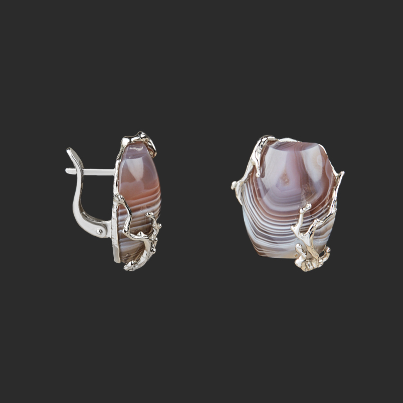 Серьги агат серый Ботсвана (нейзильбер платинир., рутений)