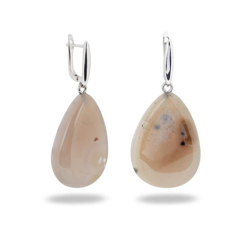 Серьги агат серый Индия (биж. сплав родир. бел.)