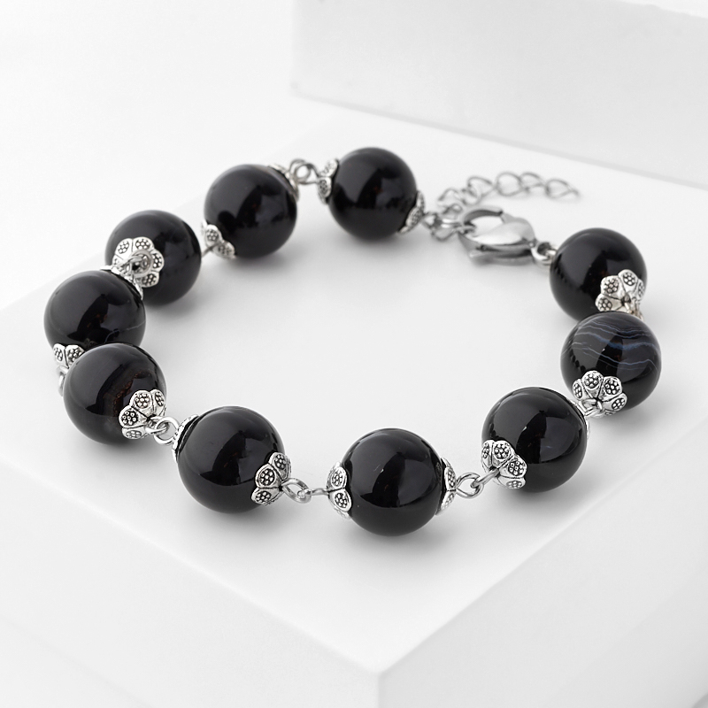 Браслет агат черный Бразилия 12&nbsp;мм 17&nbsp;см (+3&nbsp;см) (сталь хир.)