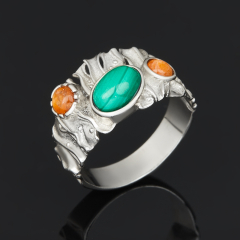 Кольцо микс малахит, солнечный камень (серебро 925 пр. родир. бел.) размер 18