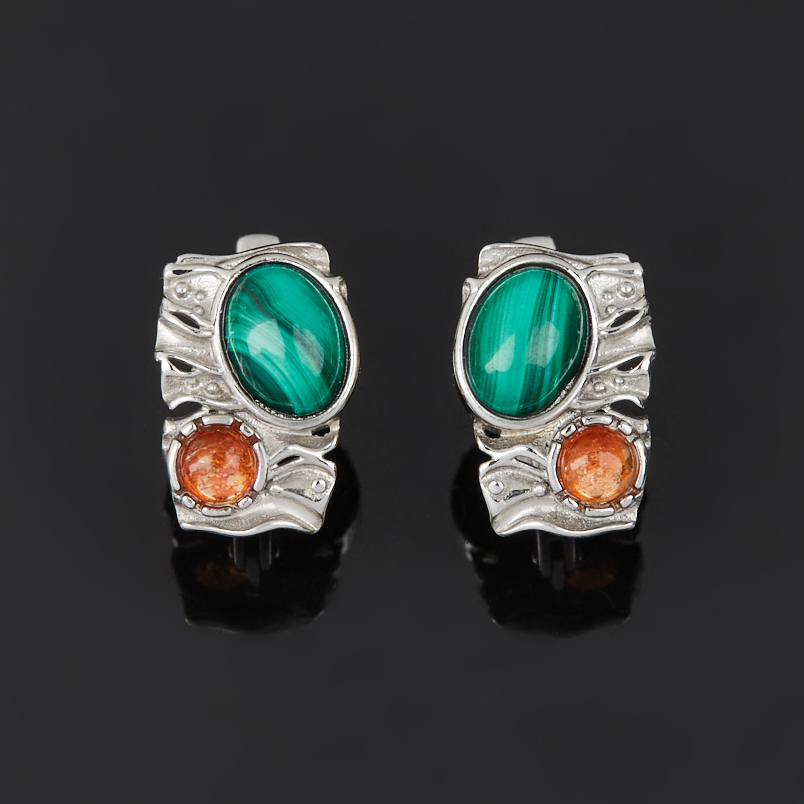 Серьги микс малахит, солнечный камень (серебро 925 пр. родир. бел.)