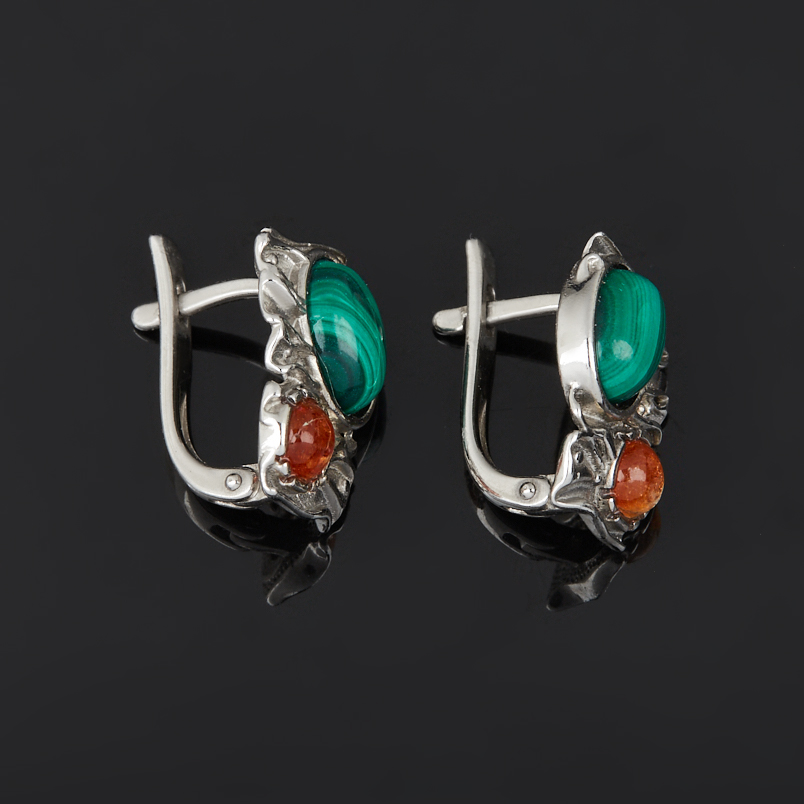 Серьги микс малахит, солнечный камень (серебро 925 пр. родир. бел.)